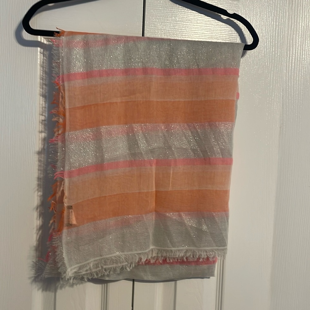 J Crew fringe scarf orange pink and white NWOT